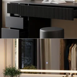 Vicco Coiffeuse Noir 120cm avec miroir LED et tabouret