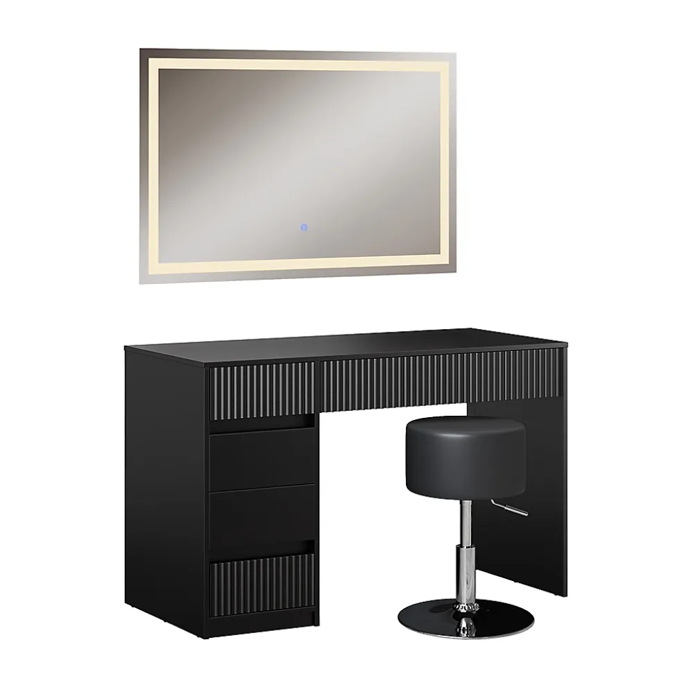 Vicco Coiffeuse Noir 120cm avec miroir LED et tabouret