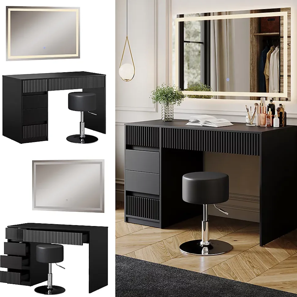 Vicco Coiffeuse Noir 120cm avec miroir LED et tabouret