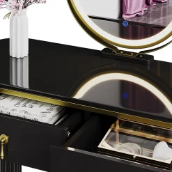 Vicco Coiffeuse Noir 100cm avec miroir LED