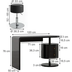 Vicco Coiffeuse Noir Haute brillance 120cm avec tabouret