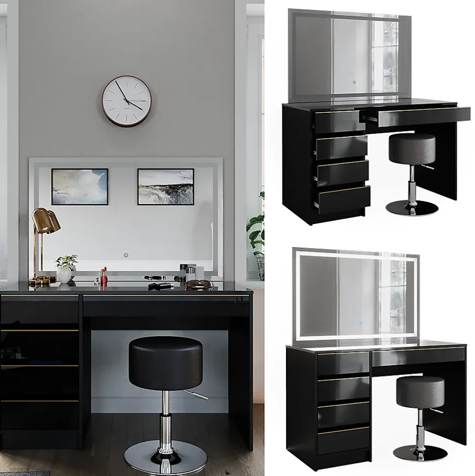 Vicco Coiffeuse noir/or 120cm avec miroir LED et tabouret