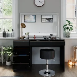 Vicco Coiffeuse noir/or 120cm avec miroir LED et tabouret