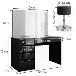 Vicco Coiffeuse noir/or 120cm avec miroir LED et tabouret