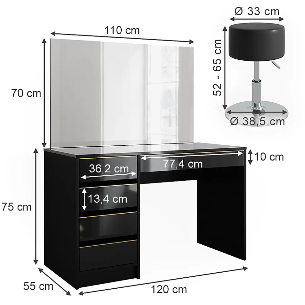 Vicco Coiffeuse noir/or 120cm avec miroir LED et tabouret