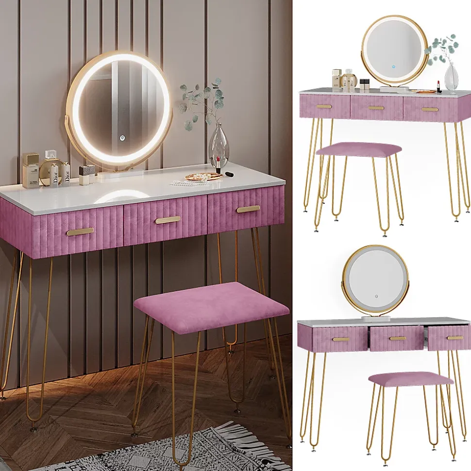 Vicco Coiffeuse Rose 100cm avec éclairage LED et tabouret