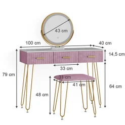 Vicco Coiffeuse Rose 100cm avec éclairage LED et tabouret