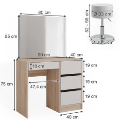 Vicco Coiffeuse Sonoma 40cm avec tabouret