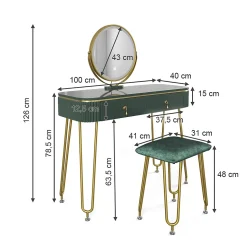Vicco Coiffeuse Vert foncé Haute brillance 100cm avec éclairage LED et tabouret