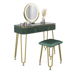 Vicco Coiffeuse Vert foncé Haute brillance 100cm avec éclairage LED et tabouret