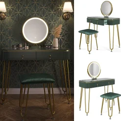 Vicco Coiffeuse Vert foncé Haute brillance 100cm avec éclairage LED et tabouret
