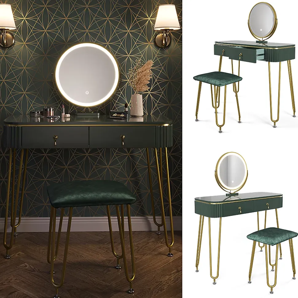 Vicco Coiffeuse Vert foncé Haute brillance 100cm avec éclairage LED et tabouret