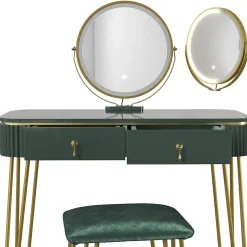 Vicco Coiffeuse Vert foncé Haute brillance 100cm avec éclairage LED et tabouret