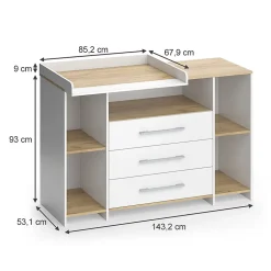 Vicco Commode à langer Chêne blanc/force de lor 143.2x93cm avec 3 tiroirs