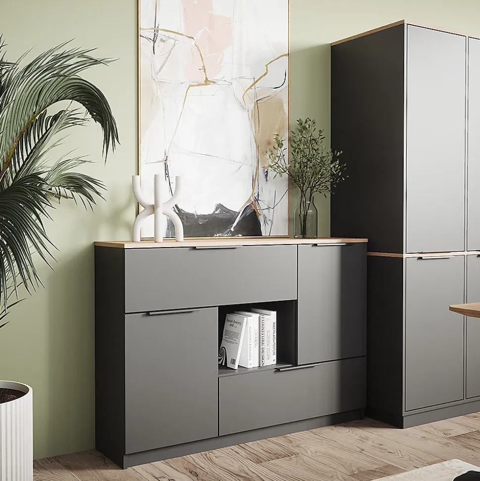 Vicco Commode avec tiroirs Anthracite 120x83.6cm 2x porte, 2x tiroir et 1x compartiment ouvert