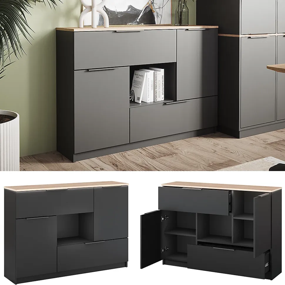 Vicco Commode avec tiroirs Anthracite 120x83.6cm 2x porte, 2x tiroir et 1x compartiment ouvert