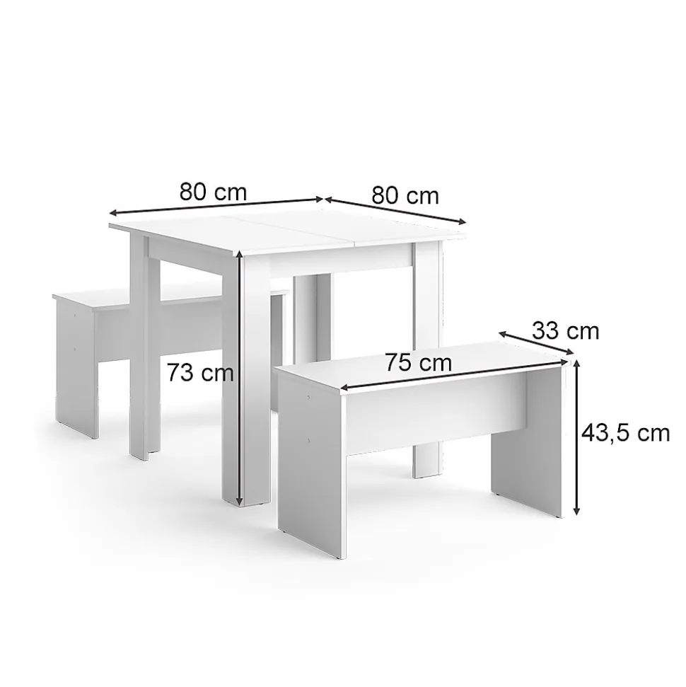 Vicco Ensemble de table à manger Blanc 80x80cm avec 2 bancs
