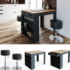 Vicco Ensemble de table à manger Anthracite/chêne doré 67x100cm avec 2 tabourets