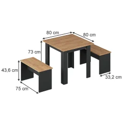 Vicco Ensemble de table à manger Anthracite/chêne doré 80x80cm avec 2 bancs
