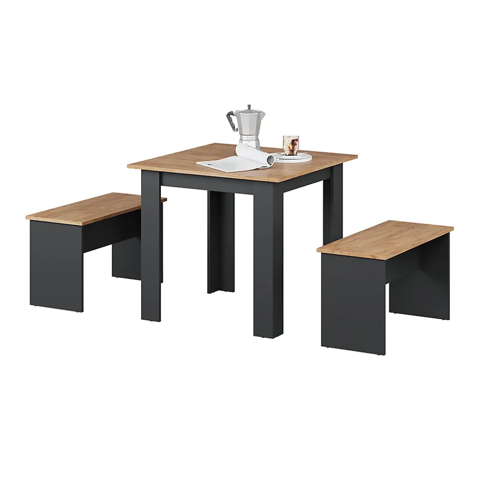 Vicco Ensemble de table à manger Anthracite/chêne doré 80x80cm avec 2 bancs