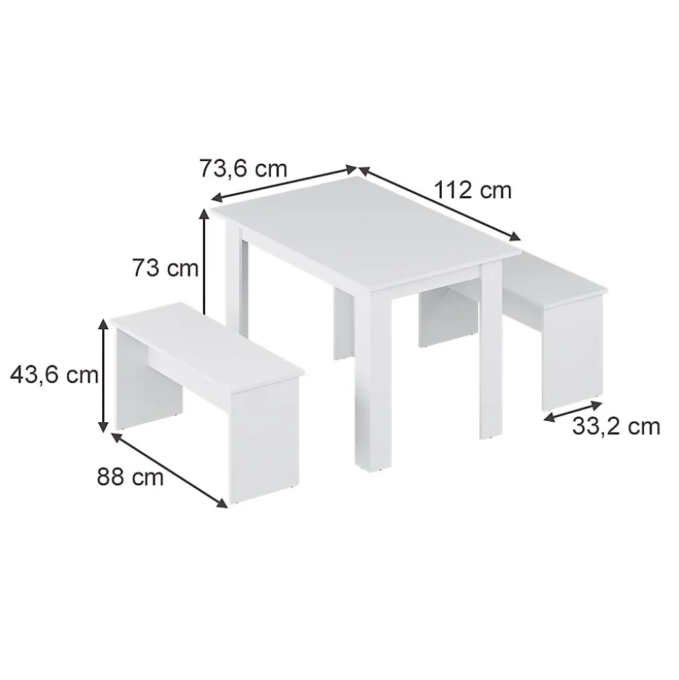 Vicco Ensemble de table à manger Blanc 112x73.6cm avec 2 bancs