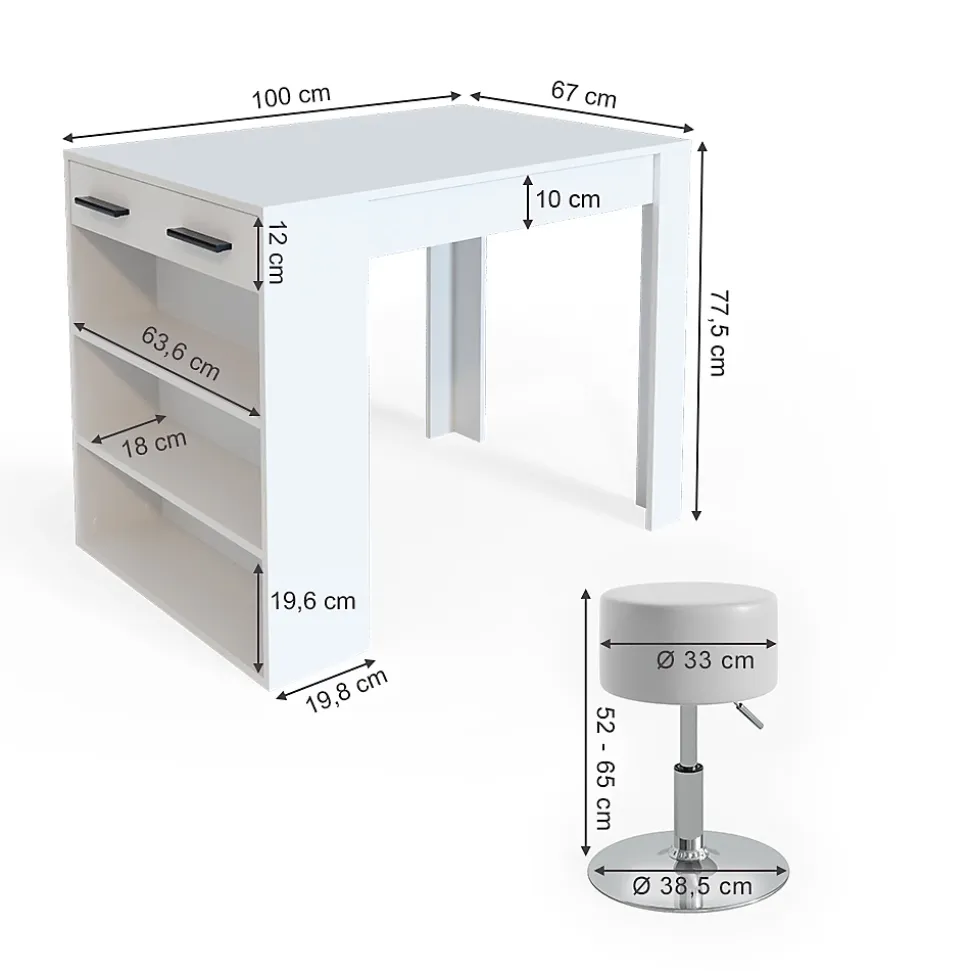 Vicco Ensemble de table à manger Blanc 67x100cm avec 2 tabourets