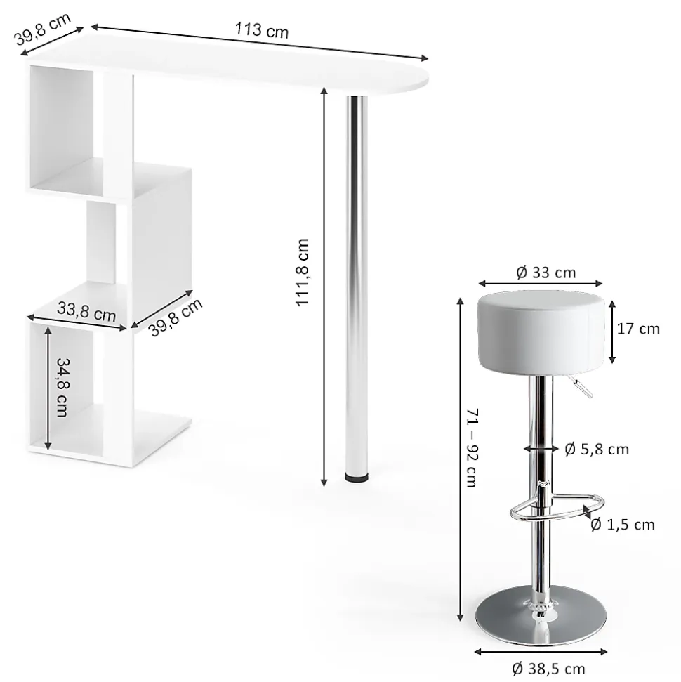 Vicco Ensemble de table de bar Blanc 113x39.8cm avec 2 tabourets de bar