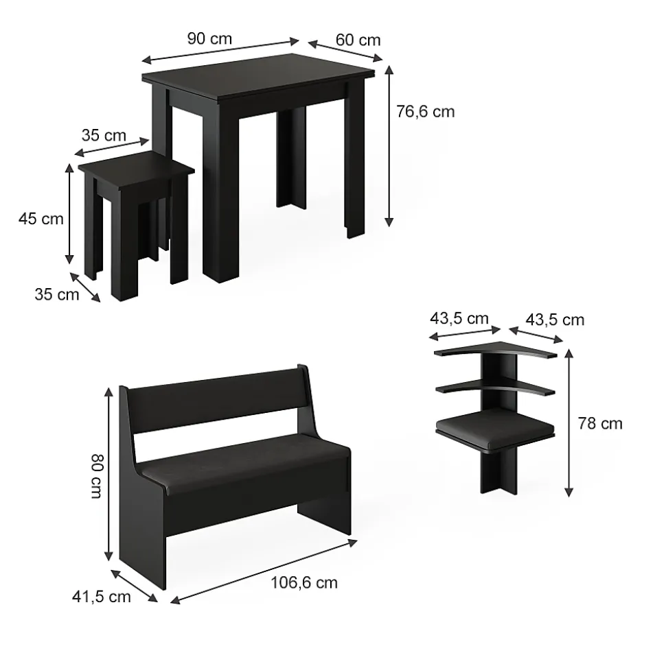 Vicco Groupe de banquettes dangle Noir 150x41.5cm avec table