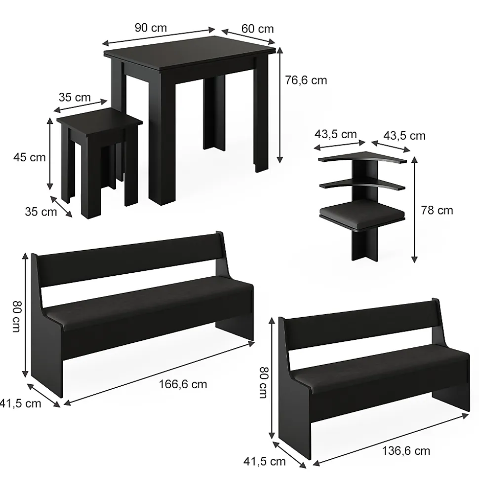 Vicco Groupe de banquettes dangle Noir 180x41.5cm avec table