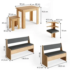 Vicco Groupe de banquettes dangle Chêne de force doré 180x41.5cm avec table