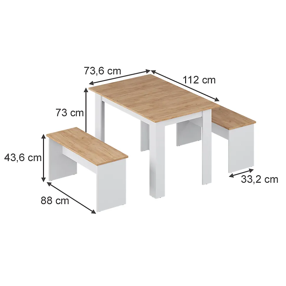Vicco Groupe de banquettes dangle Chêne blanc/force de lor 112x73.6cm avec 2 bancs
