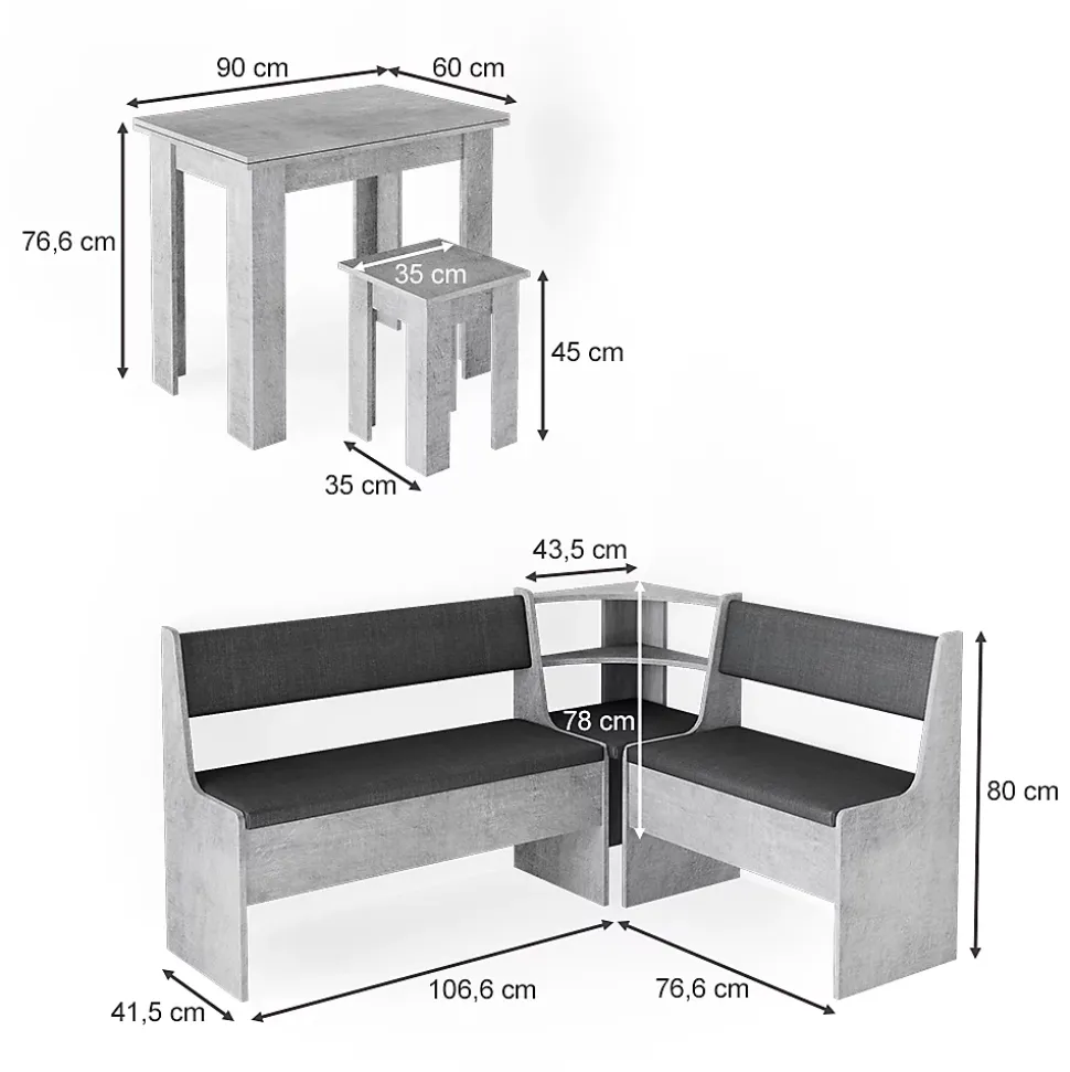 Vicco Groupe de banquettes dangle Béton 150x41.5cm avec table