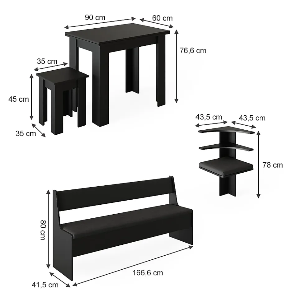 Vicco Groupe de banquettes dangle Noir 210x41.5cm avec table