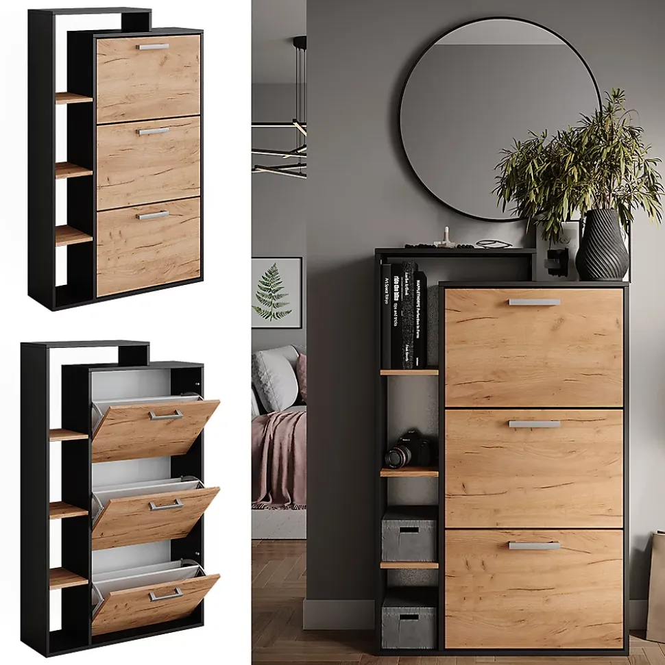 Vicco Meuble à chaussure Chêne de force doré 80x128.3cm avec 3 compartiments