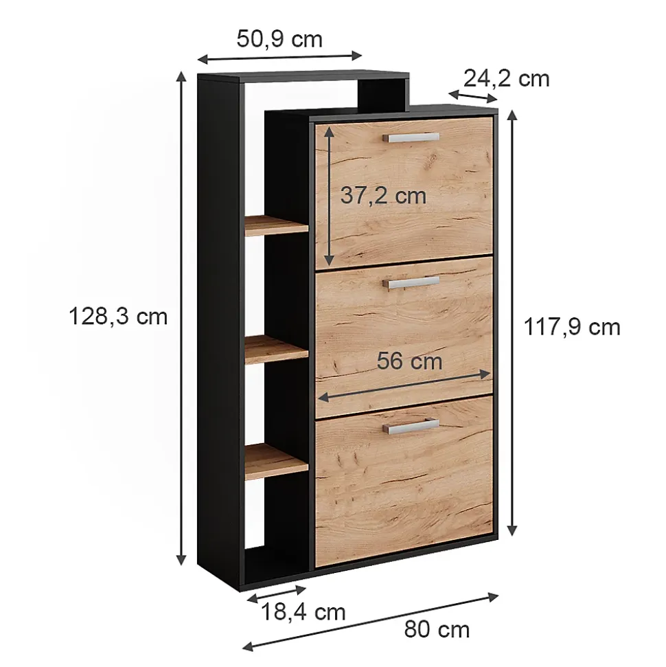 Vicco Meuble à chaussure Chêne de force doré 80x128.3cm avec 3 compartiments