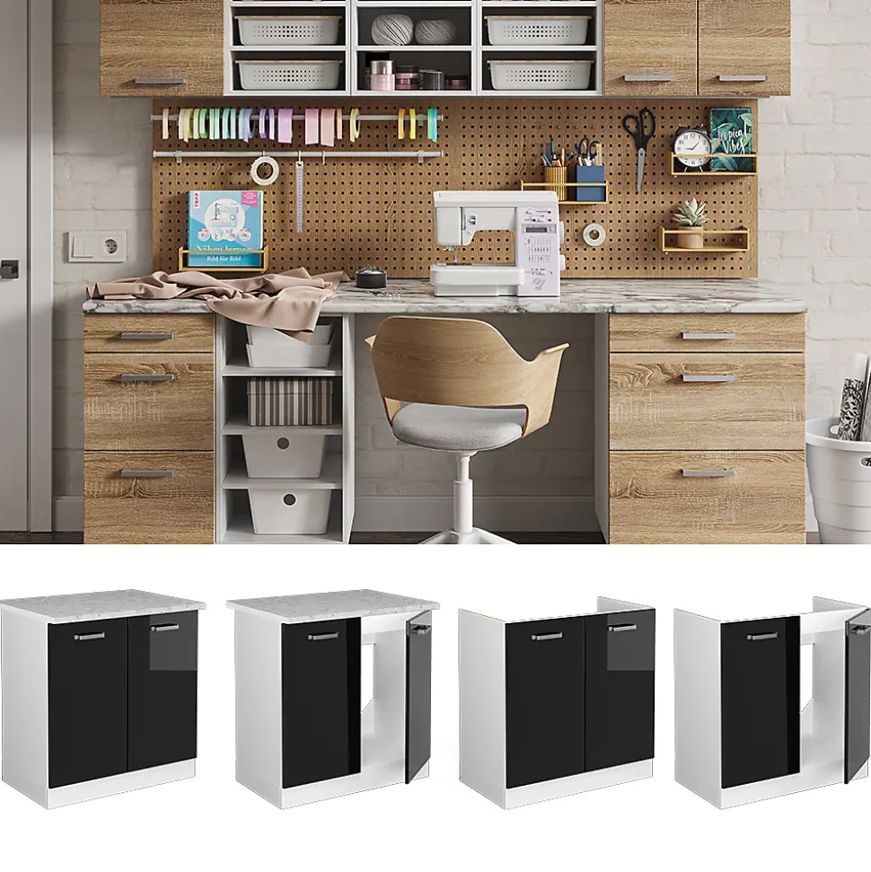 Vicco Meuble bas pour lévier Noir Haute brillance 80cm avec portes, avec PT