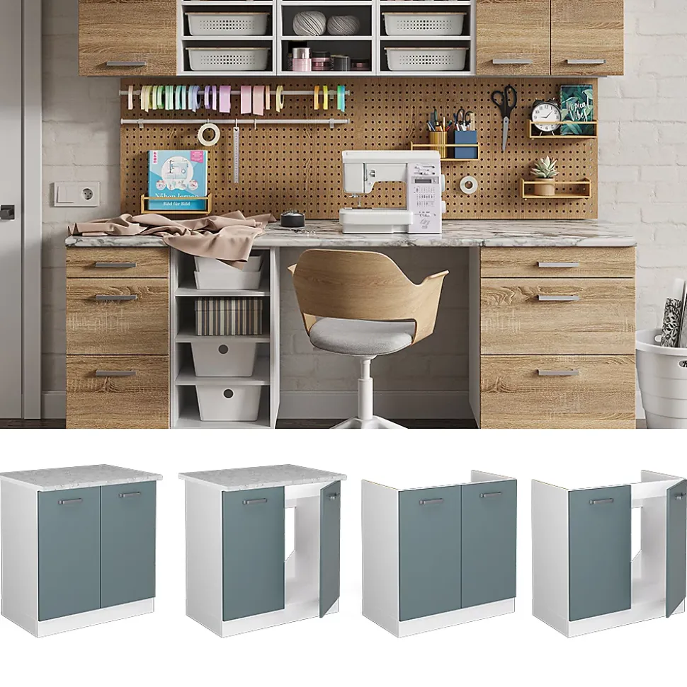 Vicco Meuble bas pour lévier Bleu-gris 80cm avec portes, sans PT