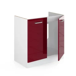 Vicco Meuble bas pour lévier Rouge bordeaux Haute brillance 80cm avec portes, sans PT