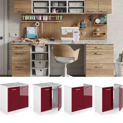 Vicco Meuble bas pour lévier Rouge bordeaux Haute brillance 80cm avec portes, sans PT