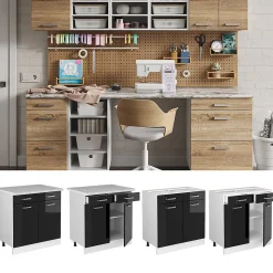 Vicco Meuble bas universel Noir Haute brillance 80cm avec tiroirs et portes, avec PT