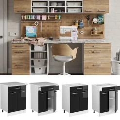 Vicco Meuble bas universel Noir Haute brillance 60cm avec tiroirs, sans PT