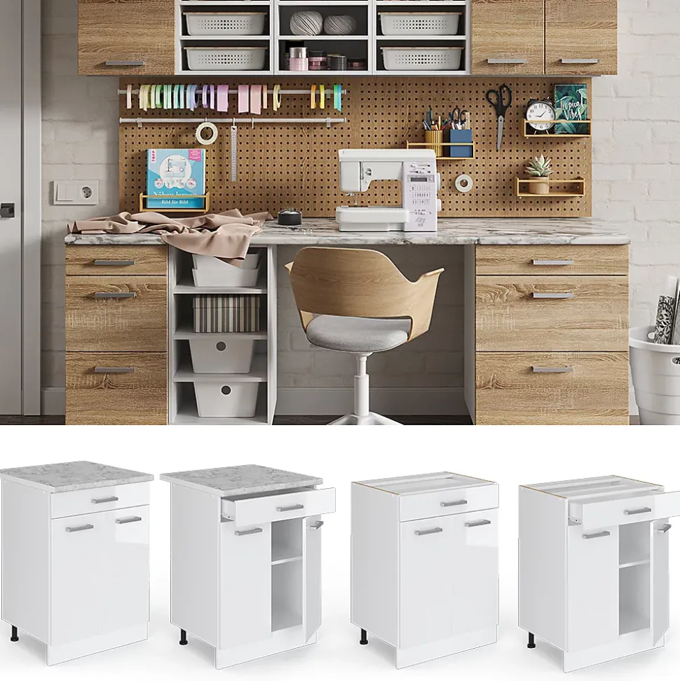 Vicco Meuble bas universel Blanc Haute brillance 60cm avec tiroirs