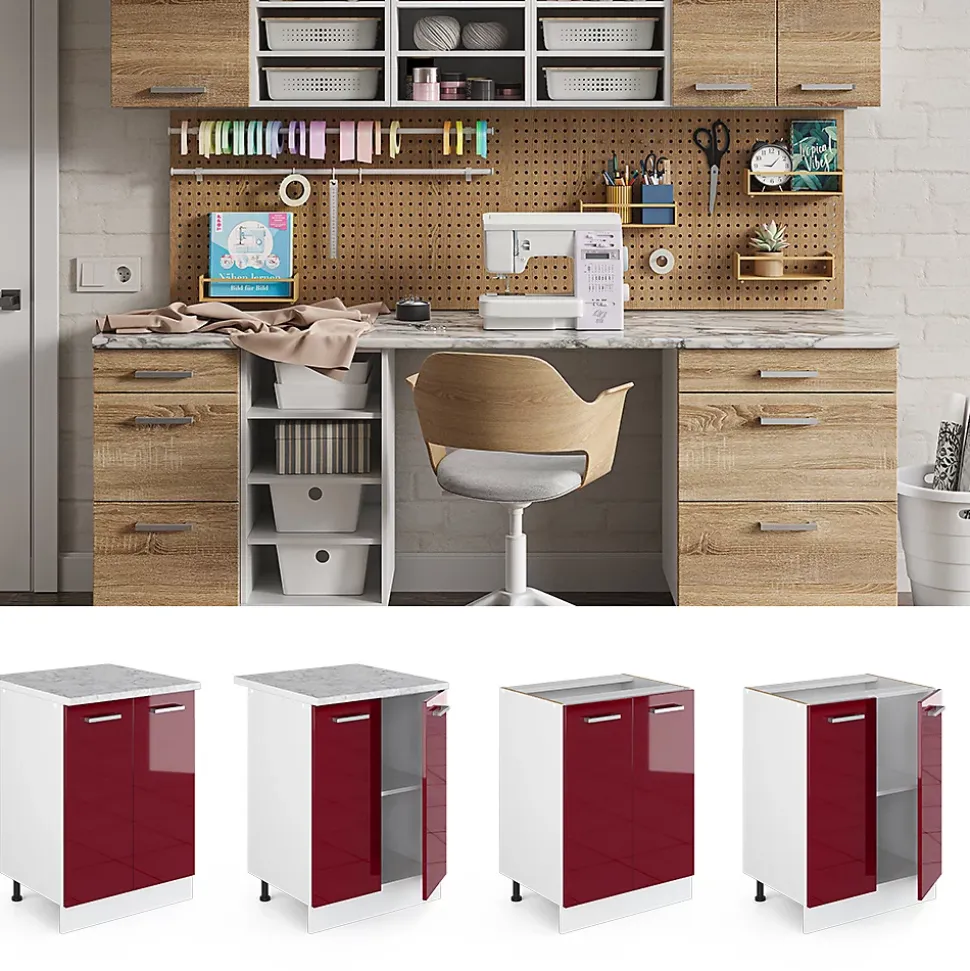 Vicco Meuble bas universel Rouge bordeaux Haute brillance 60cm avec portes, sans PT