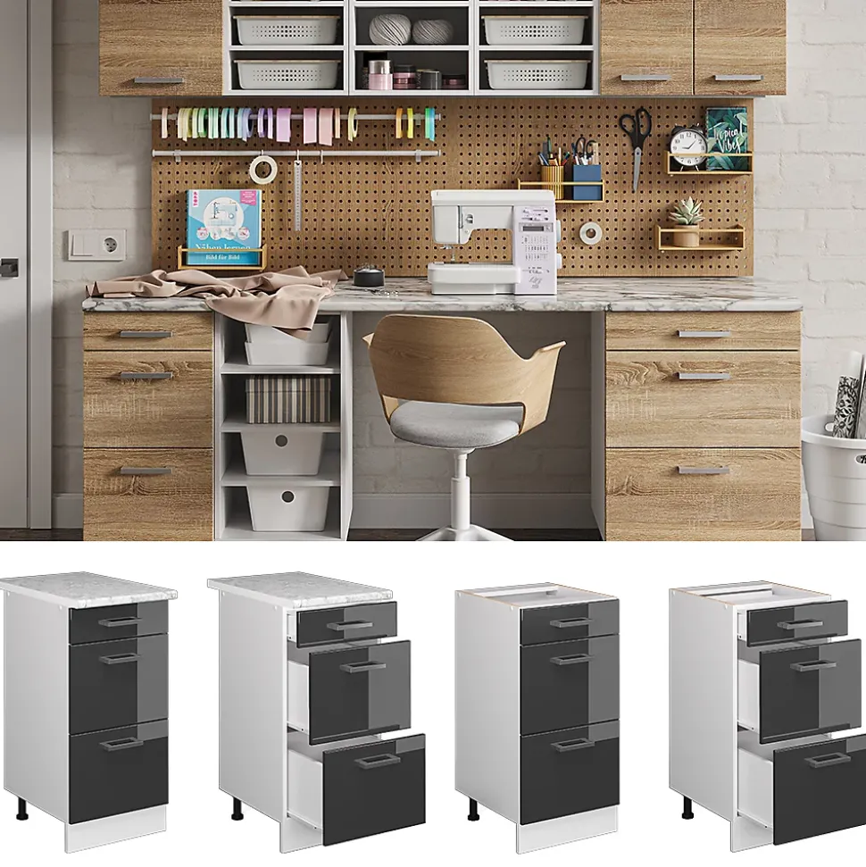 Vicco Meuble bas universel Anthracite Haute brillance 40cm avec tiroirs