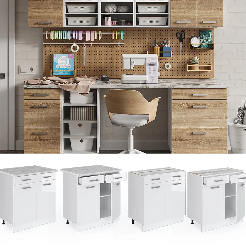 Vicco Meuble bas universel Blanc Haute brillance 80cm avec tiroirs et portes, avec PT