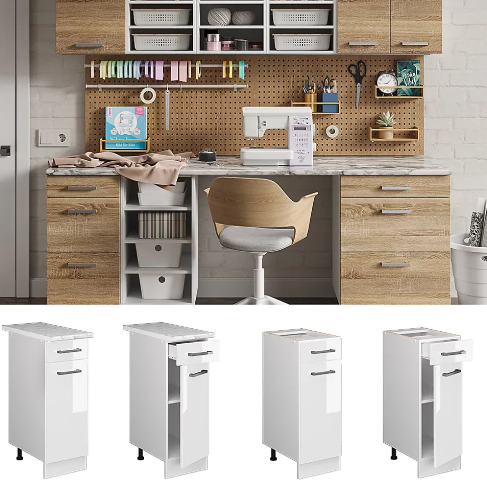 Vicco Meuble bas universel Blanc Haute brillance 30cm avec tiroir, sans PT
