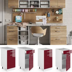 Vicco Meuble bas universel Rouge bordeaux Haute brillance 40cm avec tiroir, sans PT