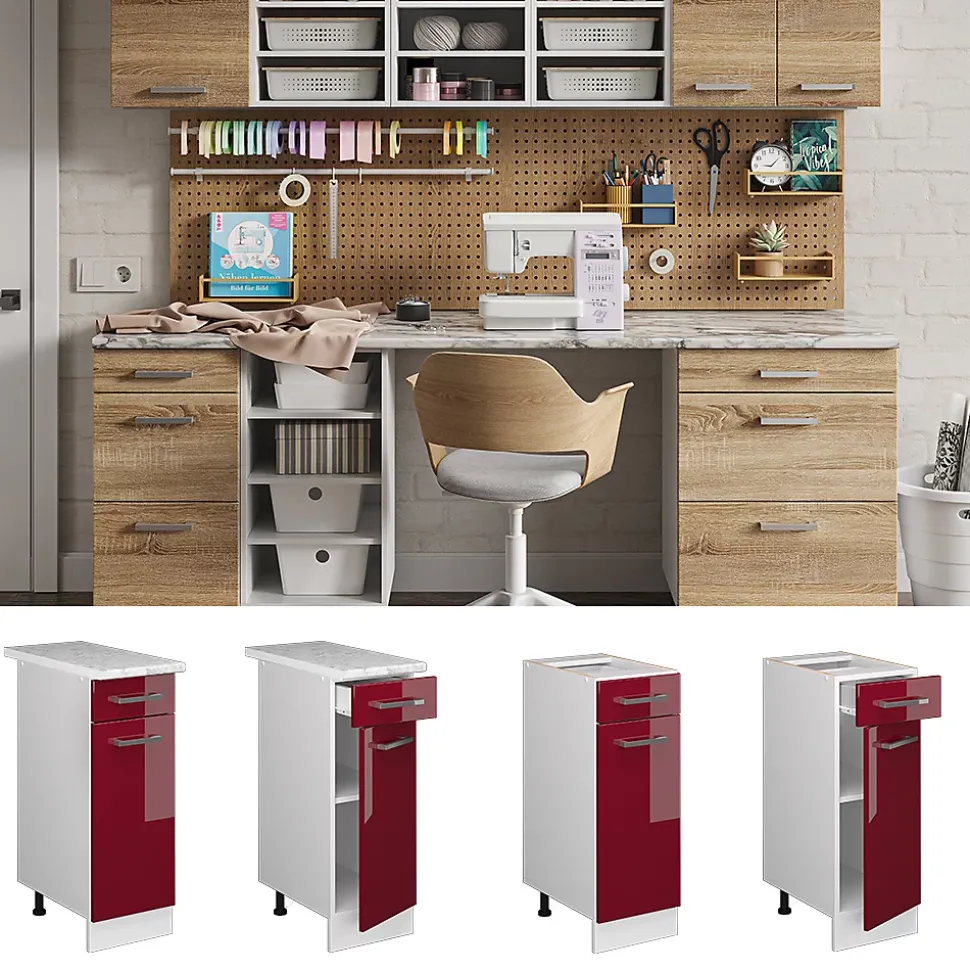 Vicco Meuble bas universel Rouge bordeaux Haute brillance 30cm avec tiroir, sans PT
