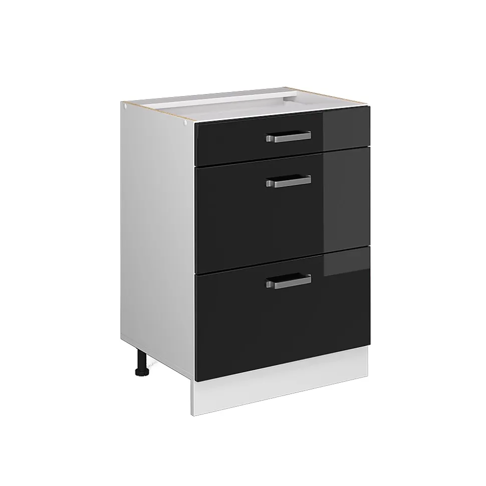 Vicco Meuble bas universel Noir Haute brillance 60cm avec tiroirs, sans PT
