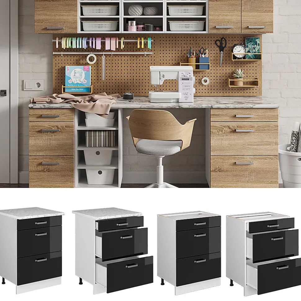Vicco Meuble bas universel Noir Haute brillance 60cm avec tiroirs, sans PT